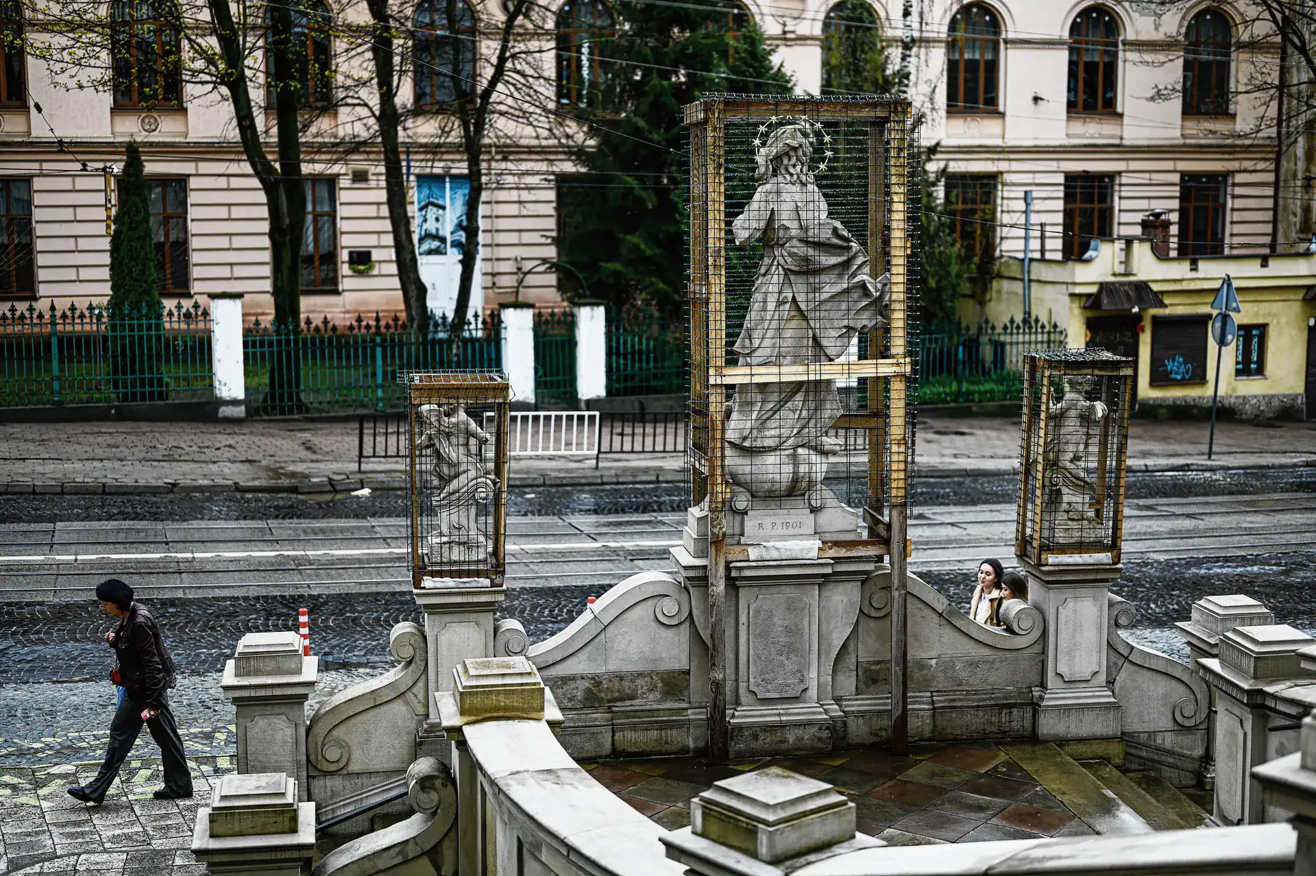 Historic Monument protected by metal cages and mesh against Russian air strikes.