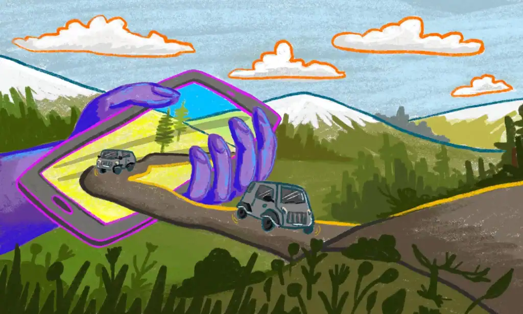Illustration depicting a car in a landscape shaped like a hand holding a phone.