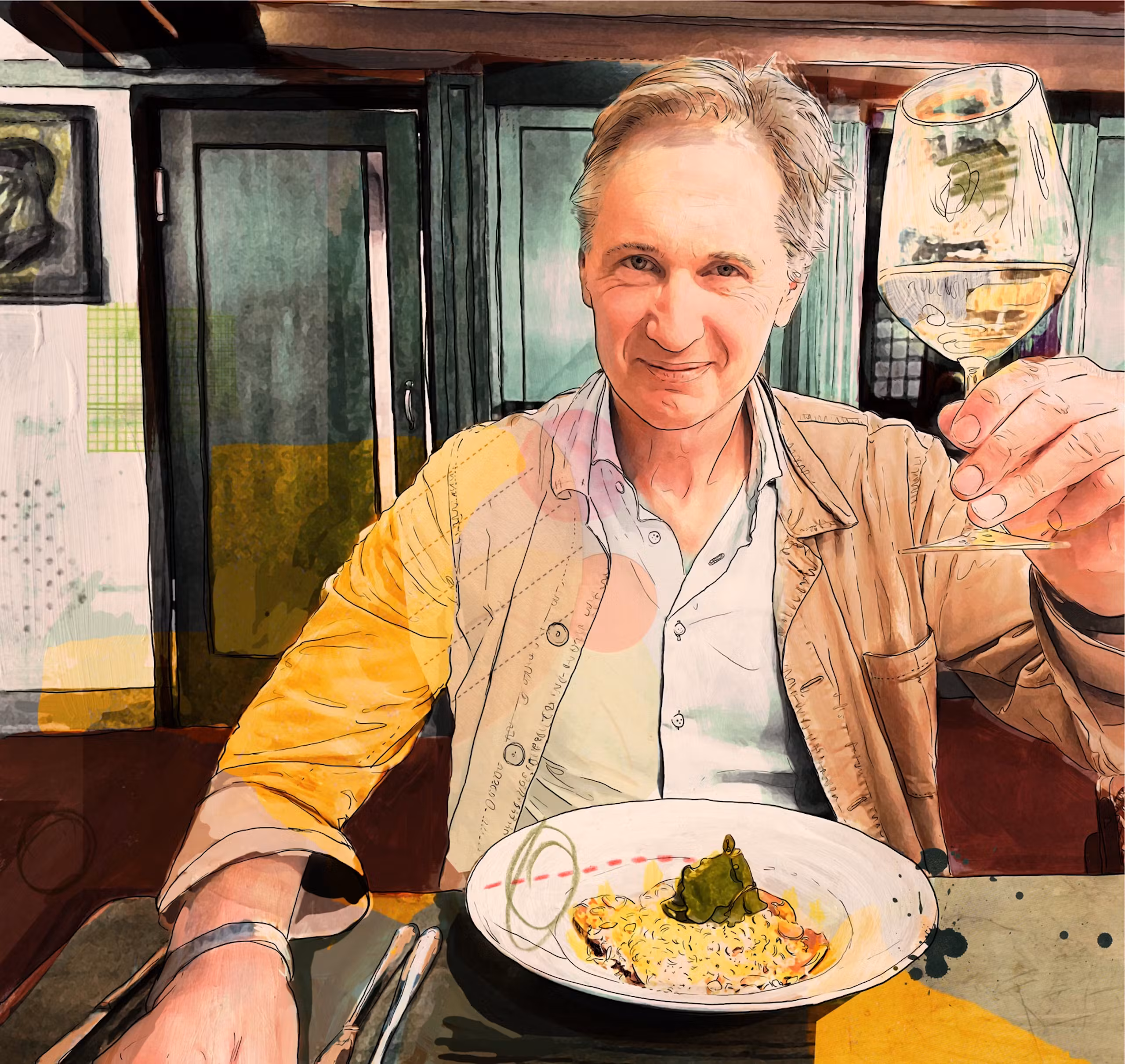 Overpainted photograph of Jaap Scholten enjoying a meal in a restaurant and raising a wine glass.