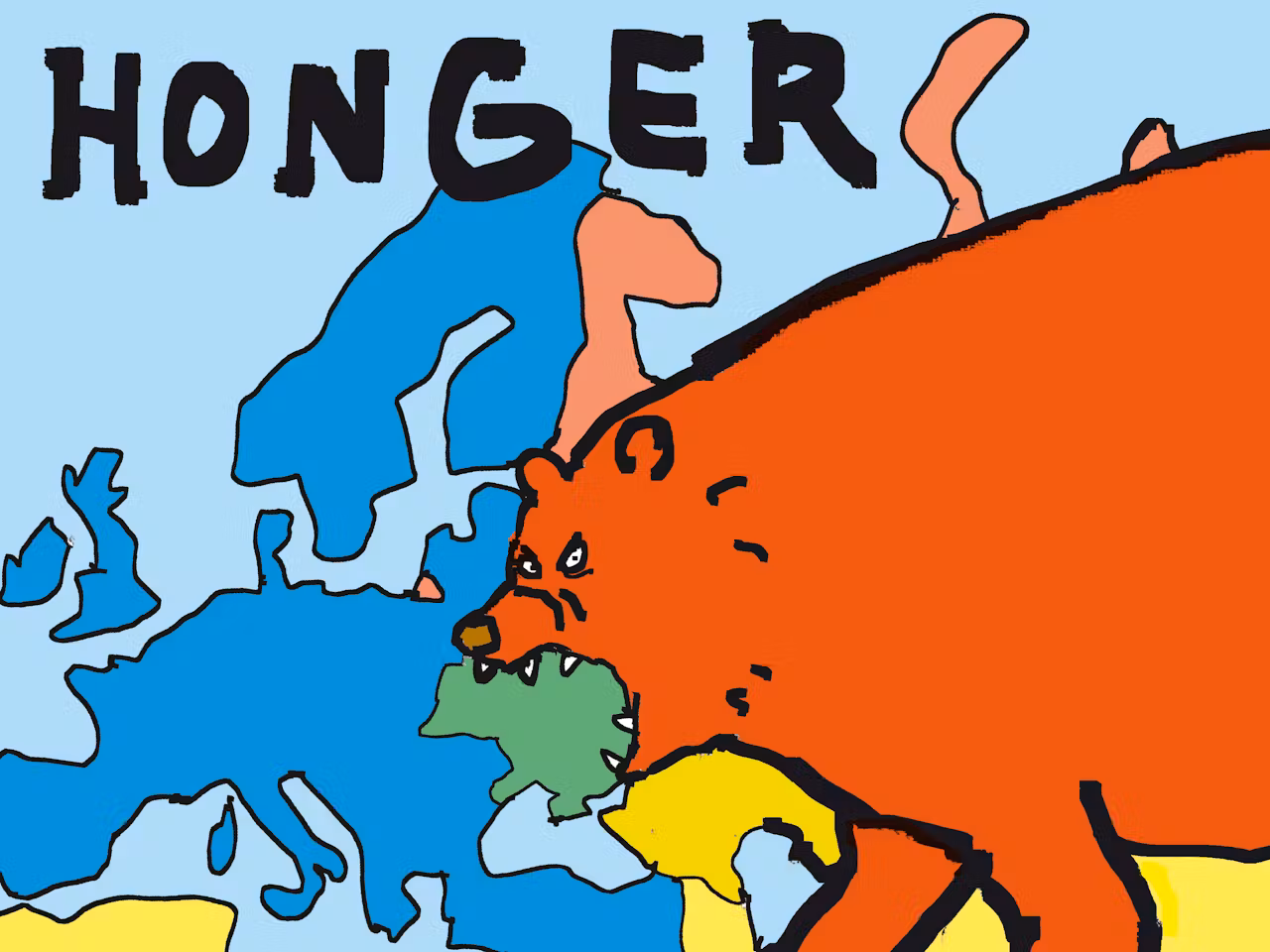 Cartoon of a Russian bear with Ukraine in its mouth, featuring the text 'HONGER' (HUNGER) above it.