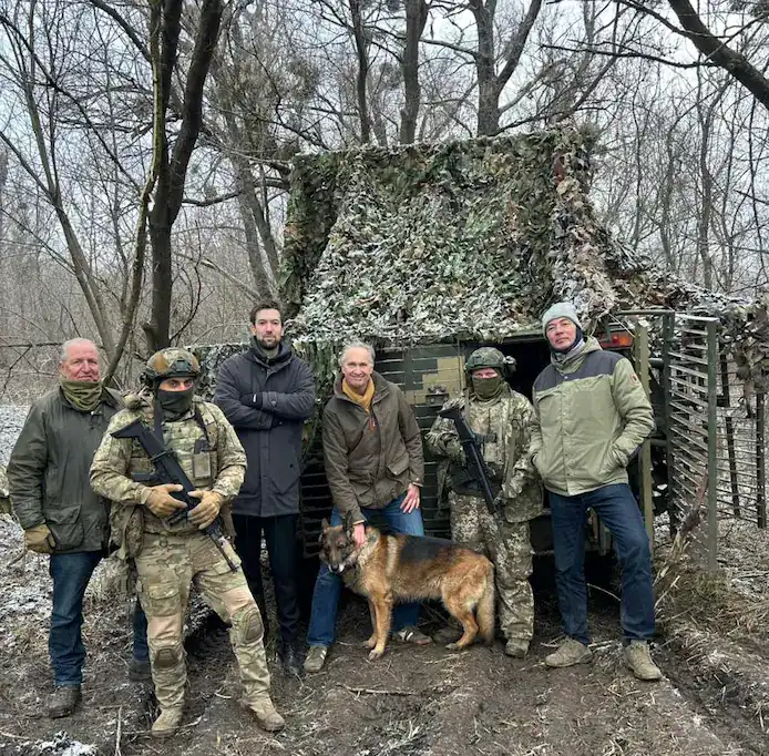 Authors Jaap Scholten, Tommy Wieringa and Maurits Chabot during a Protect Ukraine frontline convoy.