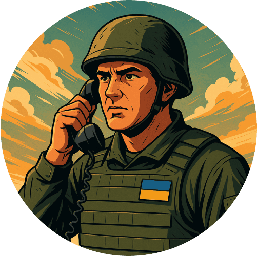 Graphic of a commander at the front holding a field telephone.