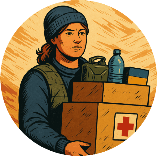 Graphic of a woman carrying essential supplies and protective equipment.