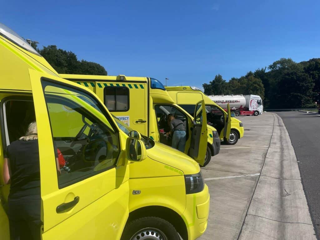 Convoy of ambulances donated by Protect Ukraine in transit to provide medical aid.