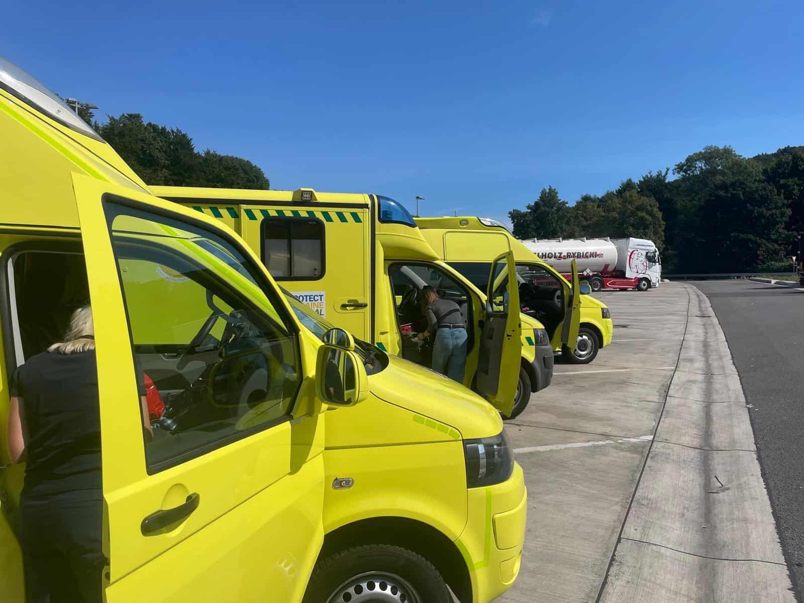 Convoy of ambulances donated by Protect Ukraine in transit to provide medical aid.