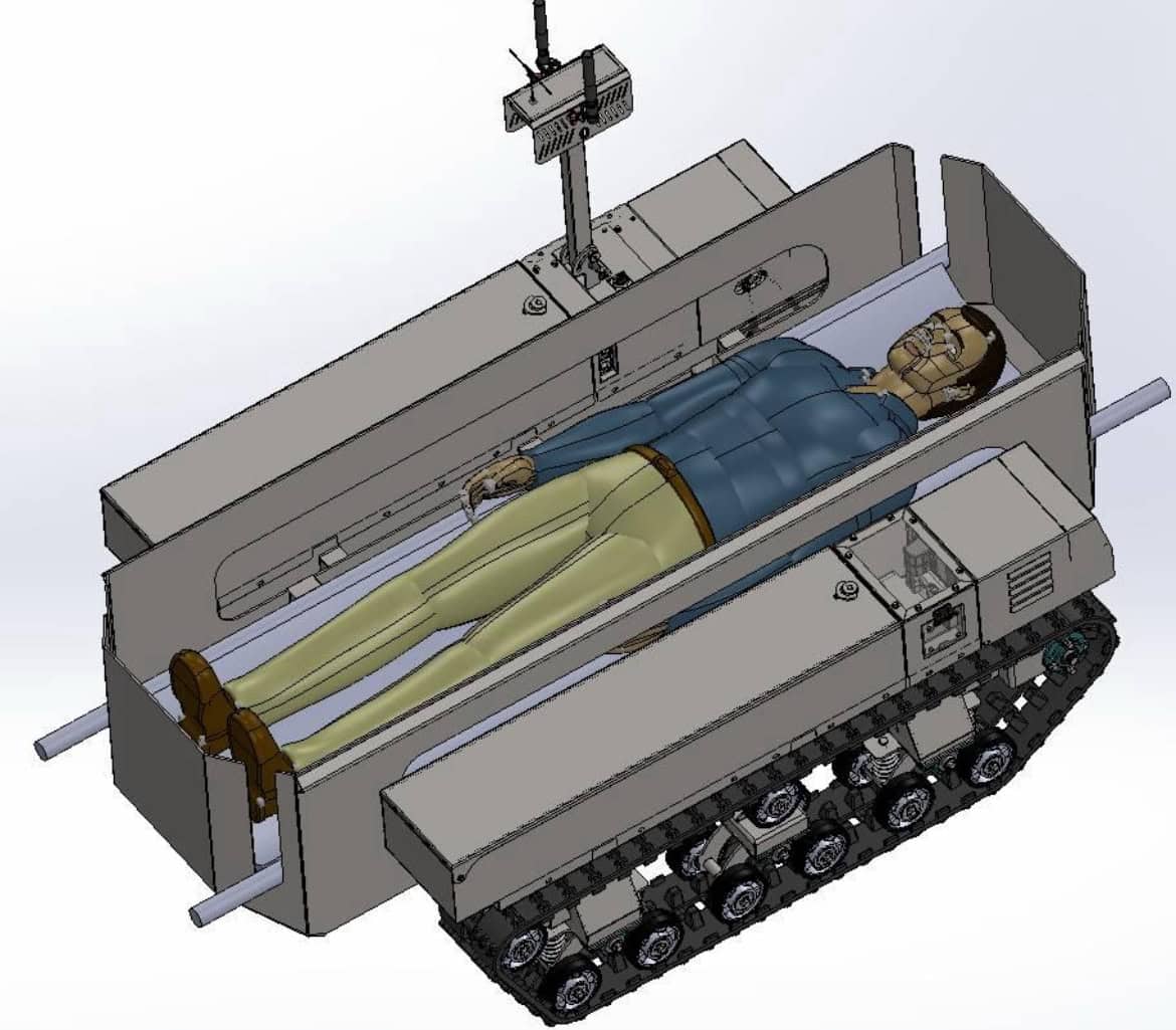 Armoured evacuation robot co-developed by Protect Ukraine, the General Staff and the manufacturer to rescue wounded soldiers.