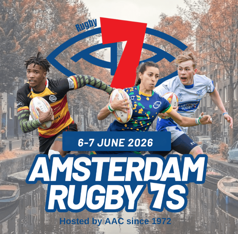 Promotional poster for Amsterdam Rugby 7s on 6-7 June 2026, hosted by AAC, showing three players running with rugby balls.